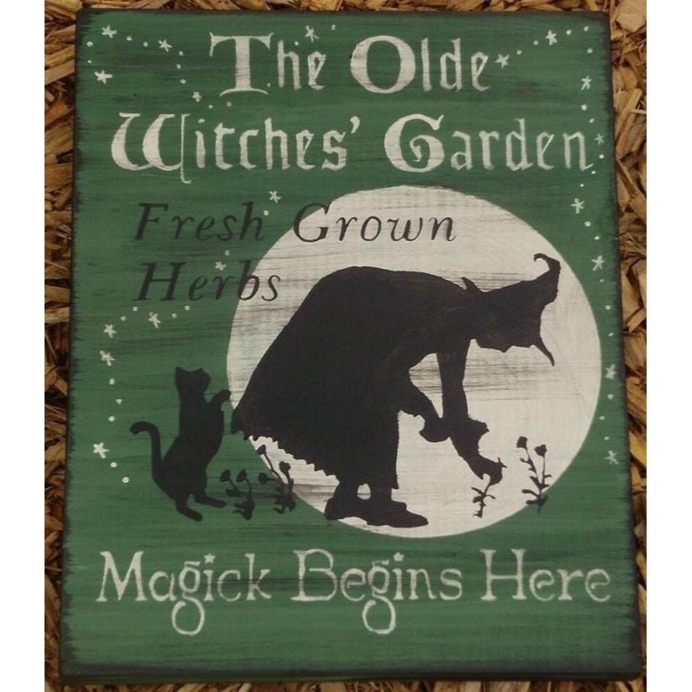 Primitive Olde Witches Garden witch Halloween Witchcraft Black Cats Herbal Sign